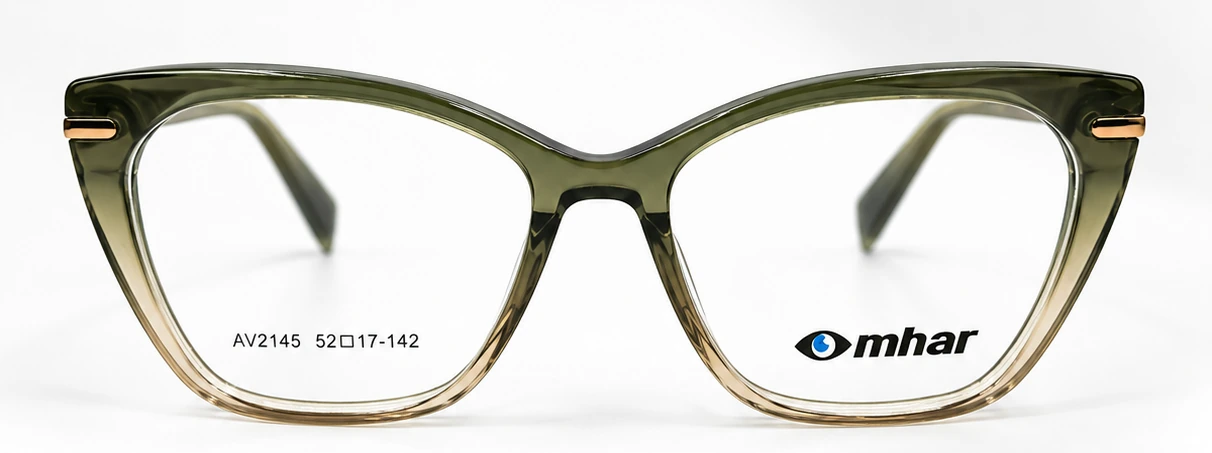 Vista frontal del armazón MHAR AV2145, acetato verde oliva y beige